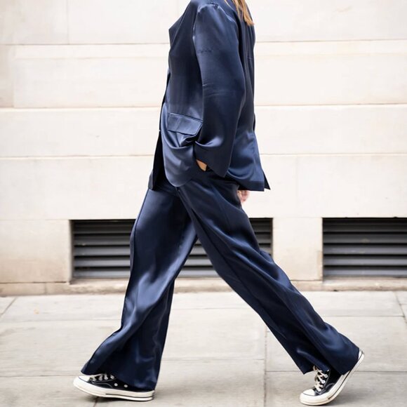 The Summer Edit Pants - The Summer Edit Lexi Silk Trousers in Midnight Blue